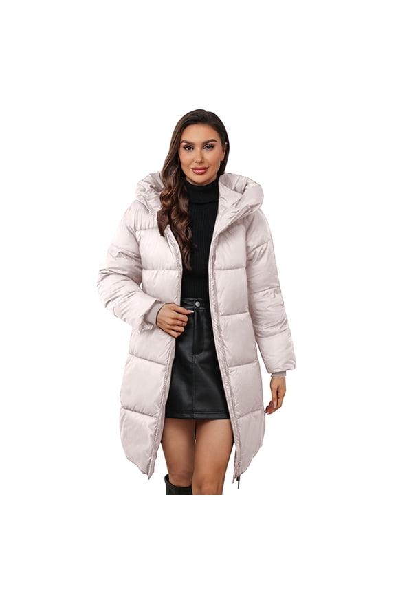 Women Long Knee Length Padded Coat Slim Fit Hooded Casual Jacket for Cold Weather Outerwear L Size Beige