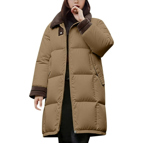 Breezora Women Longline Corduroy Collar Puffer Coat Quilted Warm Winter Jacket Casual Elegant S Size Khaki