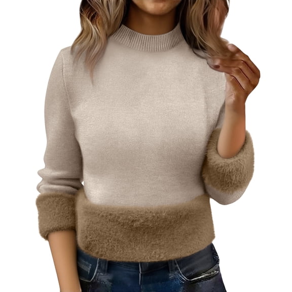 Breezora Women Round Neck Knitted Sweater with Warm Inner Lining for Cold Weather Comfort and Plus Size Fit L Size Khaki