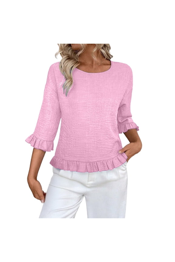 Women Round Neck Short Sleeve Blouse Relaxed Drop Shoulder Design Casual Comfortable Linen Look Top L Size