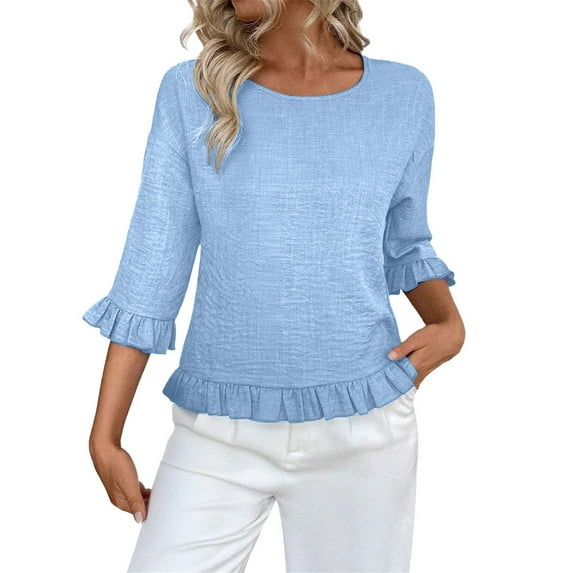 Breezora Women Round Neck Short Sleeve Blouse Relaxed Drop Shoulder Design Casual Comfortable Linen Look Top S Size Light Blue