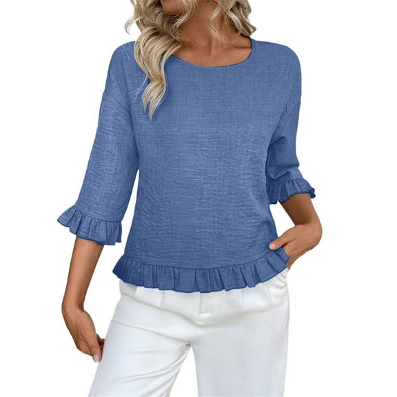 Breezora Women Round Neck Short Sleeve Blouse Relaxed Drop Shoulder Design Casual Comfortable Linen Look Top S Size