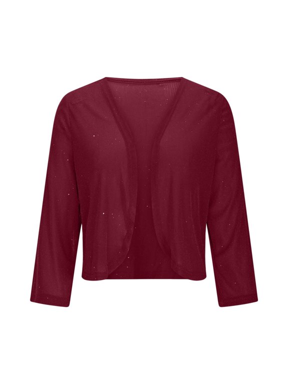 Women Sequin Cardigan Long Sleeve Open Front Sparkly Cropped Jacket Glitter Shiny Casual Thin Coat for Party Wear and Evening Outings S Size Wine