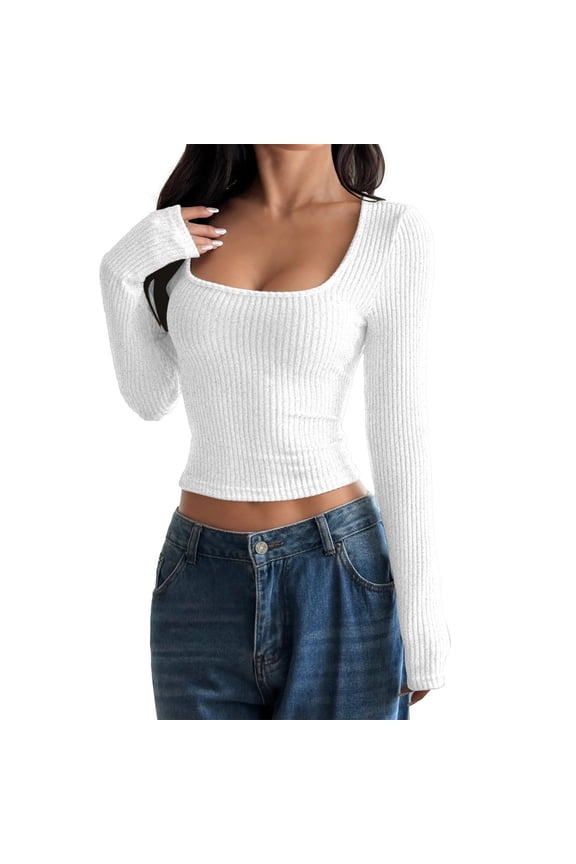 Women Slim Ribbed Knit Square Neck Long Sleeve Tee Basic Casual Tops Fitted Stretch Neck M Size White