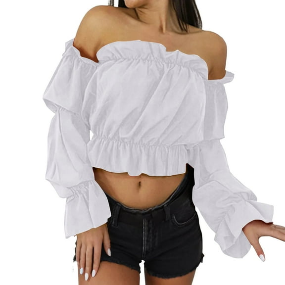 Breezora Women Solid One Shoulder Collar Long Sleeve Blouse with Ruffle Trim Elegant Casual Long L Size White