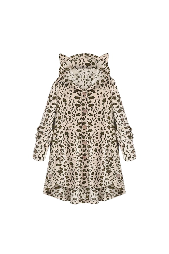 Women Solid Patchwork Button Coat with Cat Ear Hood for Autumn and Winter Fashion Outerwear L Size Beige