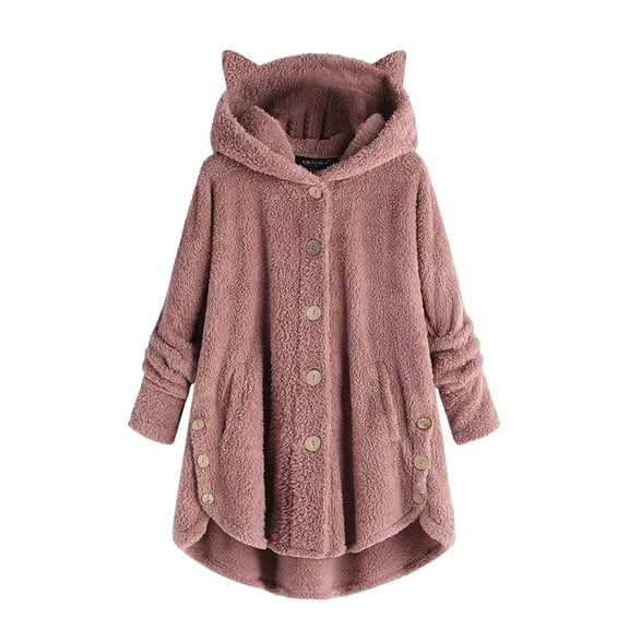 Breezora Women Solid Patchwork Button Coat with Cat Ear Hood for Autumn and Winter Fashion Outerwear S Size Pink