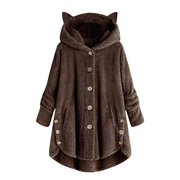 Breezora Women Solid Patchwork Button Coat with Cat Ear Hood for Autumn and Winter Fashion Outerwear XL Size Coffee