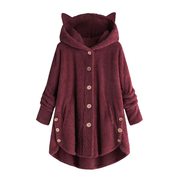 Breezora Women Solid Patchwork Button Coat with Cat Ear Hood for Autumn and Winter Fashion Outerwear XL Size Wine