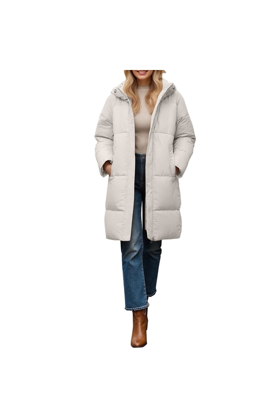Women Stand Collar Long Puffer Jacket Baggy Down Coat With Side Pockets Knee Length Warm Outerwear L Size Beige