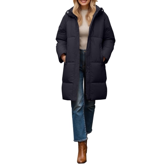 Breezora Women Stand Collar Long Puffer Jacket Baggy Down Coat With Side Pockets Knee Length Warm Outerwear M Size Black