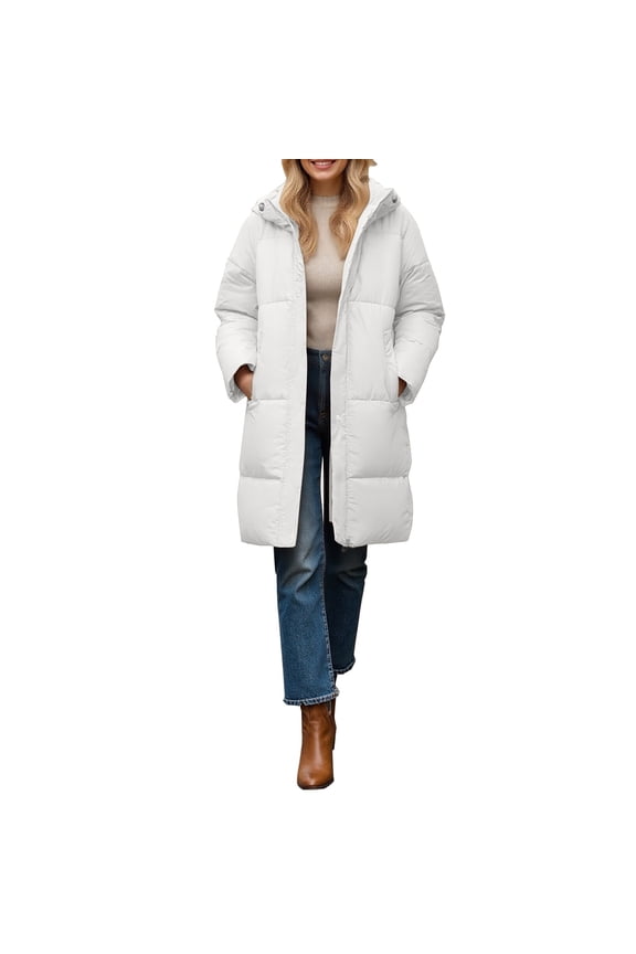 Women Stand Collar Long Puffer Jacket Baggy Down Coat With Side Pockets Knee Length Warm Outerwear M Size White