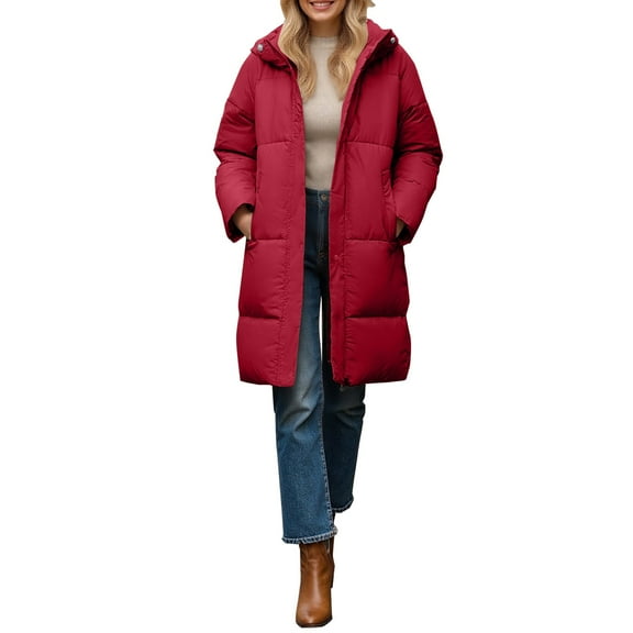 Breezora Women Stand Collar Long Puffer Jacket Baggy Down Coat With Side Pockets Knee Length Warm Outerwear XL Size Red
