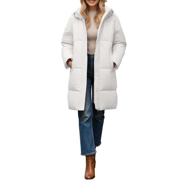 Breezora Women Stand Collar Long Puffer Jacket Baggy Down Coat With Side Pockets Knee Length Warm Outerwear XXL Size White