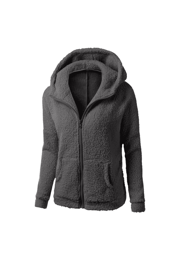 Women Structured Shoulder Fuzzy Fleece Jacket Warm Winter Outdoor Coat Full Zip Up Outerwear L Size Dark Gray