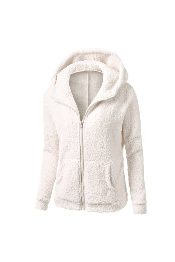 Women Structured Shoulder Fuzzy Fleece Jacket Warm Winter Outdoor Coat Full Zip Up Outerwear XXL Size White