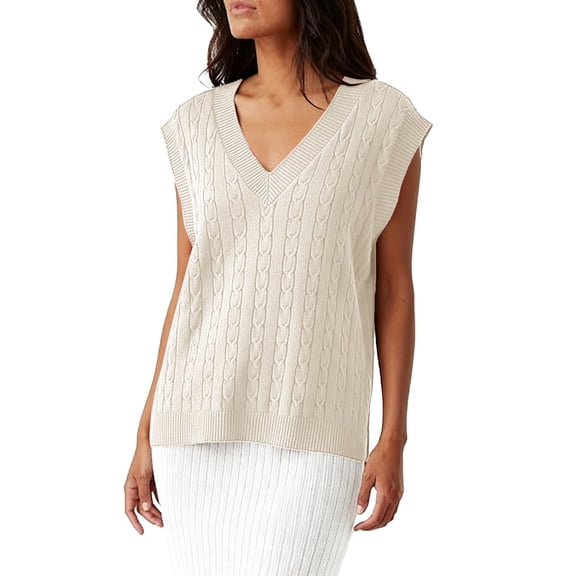 Breezora Women V Neck Knit Sweater Vest Sleeveless for Autumn Winter Fashion with Cable Design and Versatile Layering L Size Beige