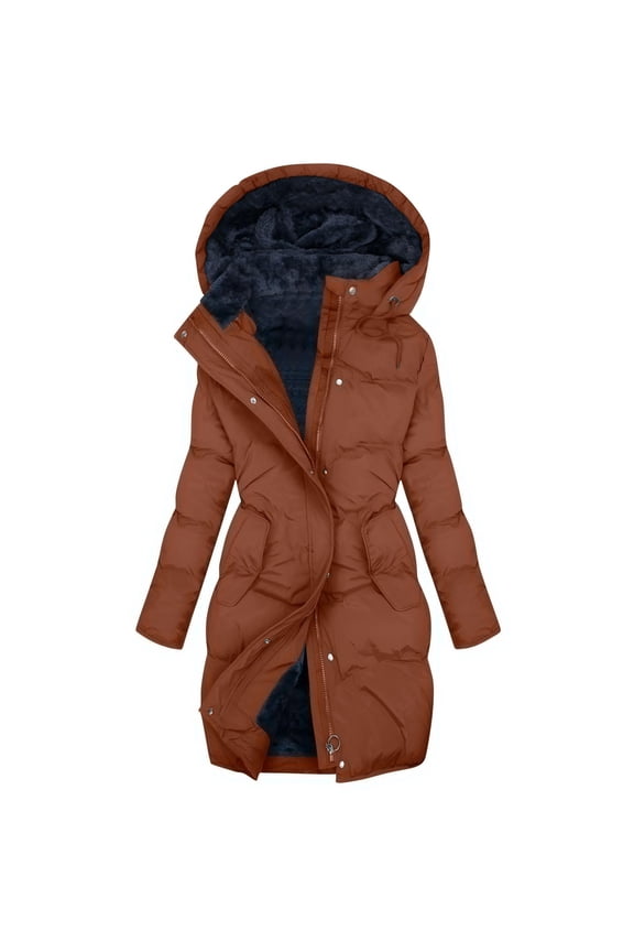 Women Winter Hooded Lined Thicken Padded Coat Plus Size Warm Outdoor Jacket for Cold Weather Protection XXL Size Brown