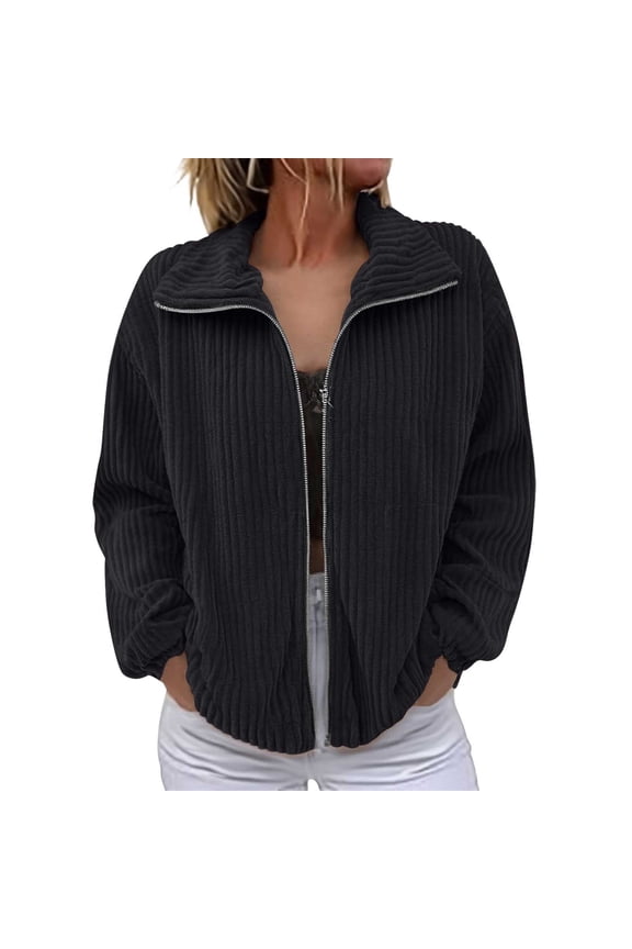 Women Zipper Corduroy Filled Cotton Stand Collar Casual Jacket for Everyday Comfort and Style L Size Black