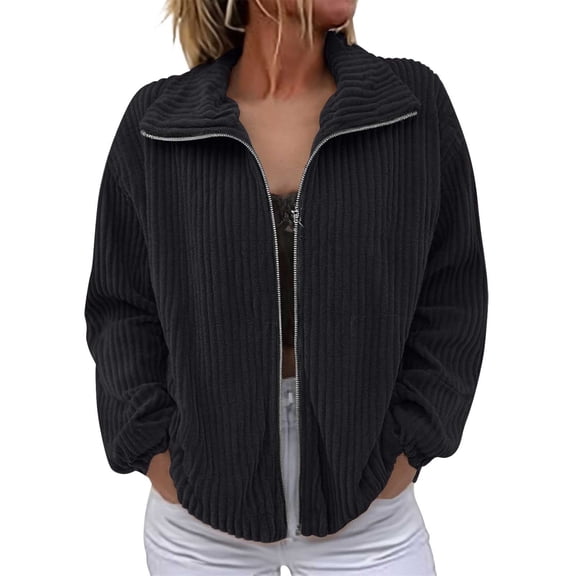 Breezora Women Zipper Corduroy Filled Cotton Stand Collar Casual Jacket for Everyday Comfort and Style L Size Black