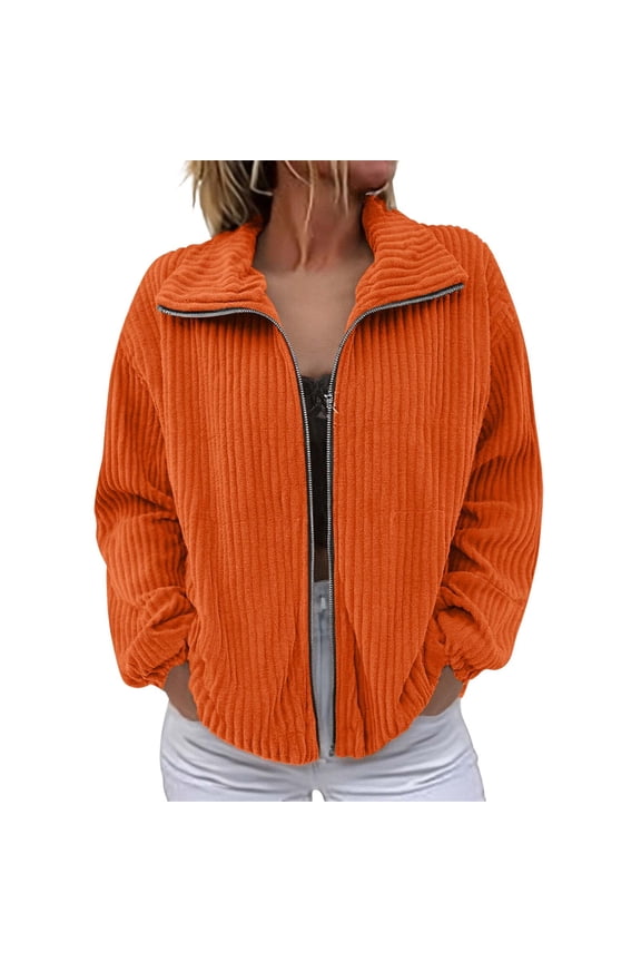 Women Zipper Corduroy Filled Cotton Stand Collar Casual Jacket for Everyday Comfort and Style L Size Orange