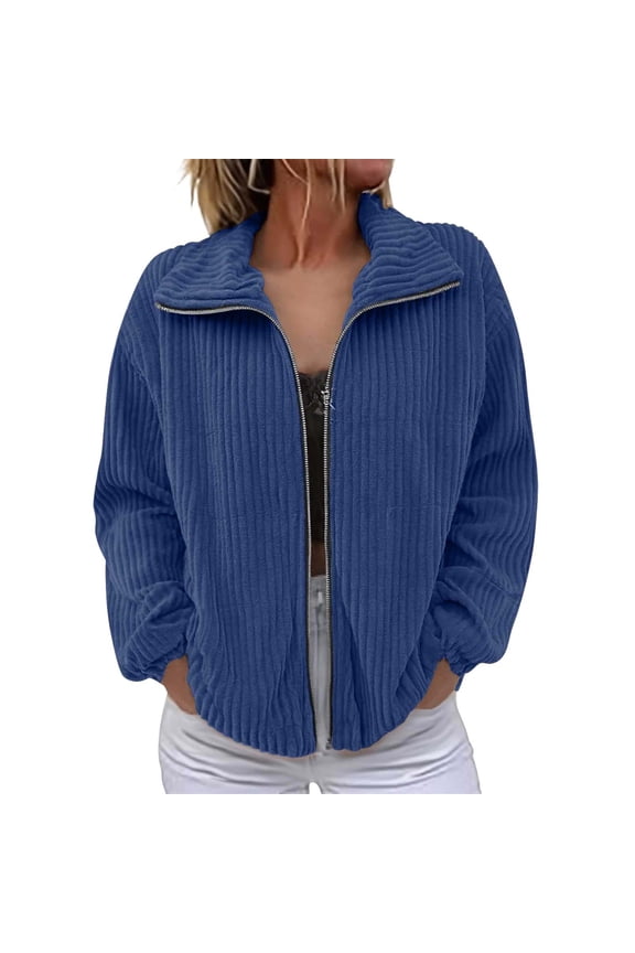 Women Zipper Corduroy Filled Cotton Stand Collar Casual Jacket for Everyday Comfort and Style M Size Dark Blue
