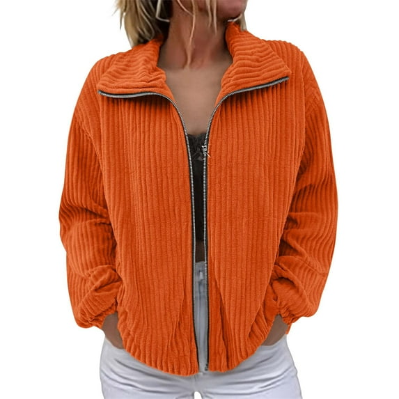 Breezora Women Zipper Corduroy Filled Cotton Stand Collar Casual Jacket for Everyday Comfort and Style M Size Orange