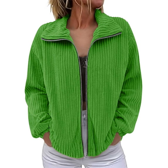 Breezora Women Zipper Corduroy Filled Cotton Stand Collar Casual Jacket for Everyday Comfort and Style XXXXXL Size Green