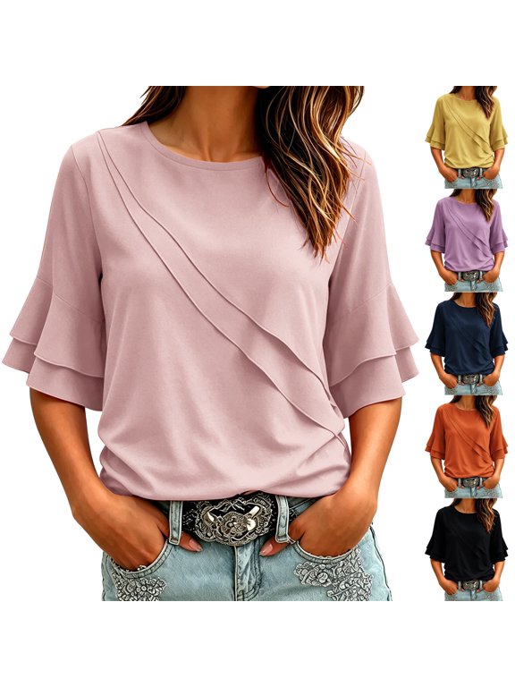 Women's 1/2 Sleeve Crewneck Blouse Casual Summer Work Top Flutter Sleeve Loose Fit Shirt