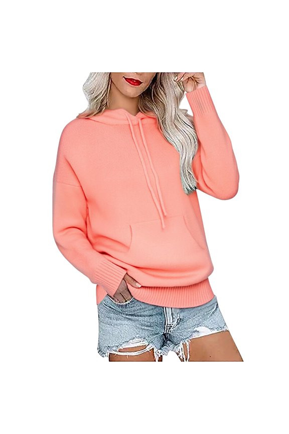 Women's 2025 Fall Pullover Sweater Casual Hooded Top with Puff Sleeve Loose Plain Knit M Size Orange