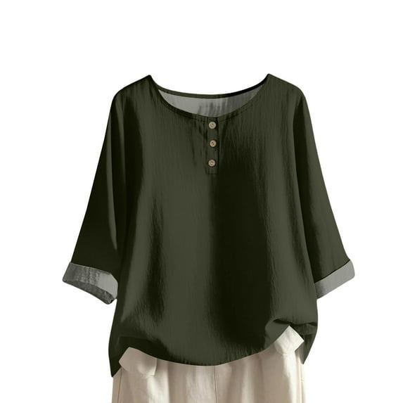 Breezora Women's 3/4 Sleeve Button Front Blouse Relaxed Fit Casual Tops for Work Office and Weekend Outings Comfortable Style L Size Blackish Green