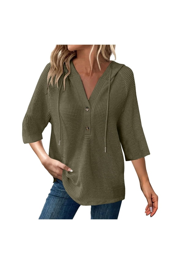 Women's 3/4 Sleeve Button Front Shirt Knit Top With Adjustable Drawstring Hood Breathable Summer Casual Blouse XXL Size Green