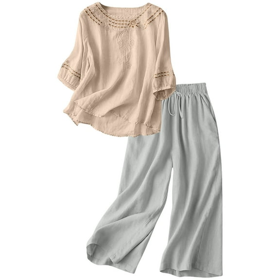 Breezora Women's 3/4 Sleeve Cotton Linen Set Breathable Loose Fit Outfit For Vacation Or Daily L Size Beige