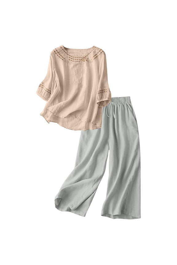 Women's 3/4 Sleeve Cotton Linen Set Breathable Loose Fit Outfit For Vacation Or Daily L Size Beige