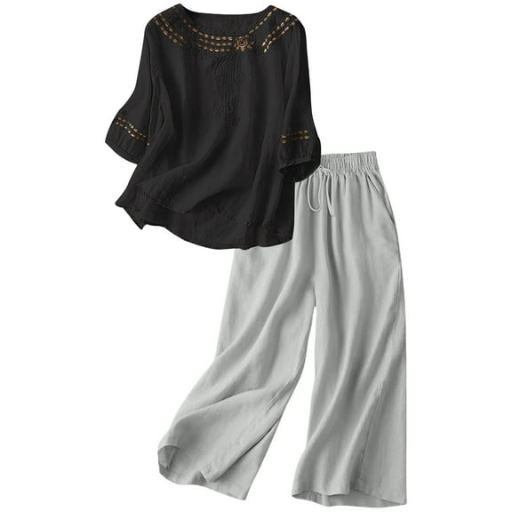 Breezora Women's 3/4 Sleeve Cotton Linen Set Breathable Loose Fit Outfit For Vacation Or Daily M Size Black