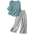 thumbnail image 1 of Breezora Women's 3/4 Sleeve Cotton Linen Set Breathable Loose Fit Outfit For Vacation Or Daily M Size Light Blue, 1 of 8