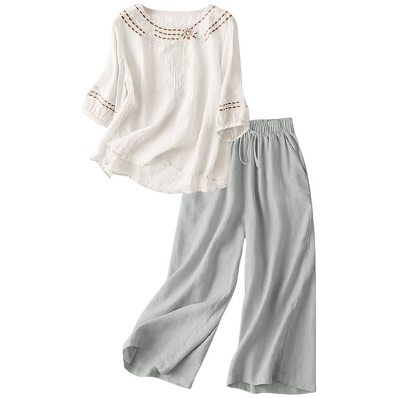 Breezora Women's 3/4 Sleeve Cotton Linen Set Breathable Loose Fit Outfit For Vacation Or Daily M Size White