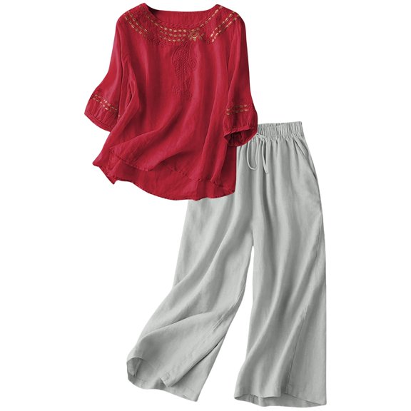 Breezora Women's 3/4 Sleeve Cotton Linen Set Breathable Loose Fit Outfit For Vacation Or Daily XL Size Red