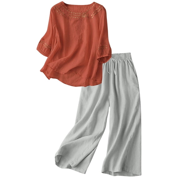 Breezora Women's 3/4 Sleeve Cotton Linen Set Breathable Loose Fit Outfit For Vacation Or Daily XXL Size Orange