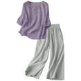 thumbnail image 1 of Breezora Women's 3/4 Sleeve Cotton Linen Set Breathable Loose Fit Outfit For Vacation Or Daily XXL Size Purple, 1 of 8