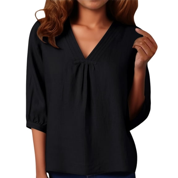 Breezora Women's 3/4 Sleeve Shirt Pleated Cotton Linen Top Breathable Casual Spring Blouse S Size Black