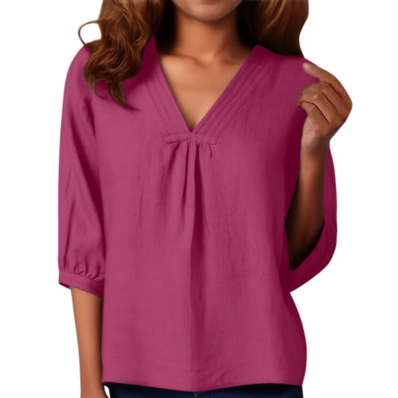 Breezora Women's 3/4 Sleeve Shirt Pleated Cotton Linen Top Breathable Casual Spring Blouse S Size Watermelon Red