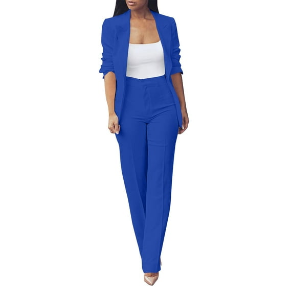 Breezora Women's Autumn Two Piece Suit Set Slim Fit Blazer and Trousers Office Work Professional Outfits for Ladies L Size Blue