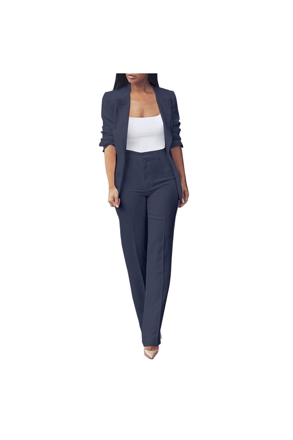 Women's Autumn Two Piece Suit Set Slim Fit Blazer and Trousers Office Work Professional Outfits for Ladies L Size Navy