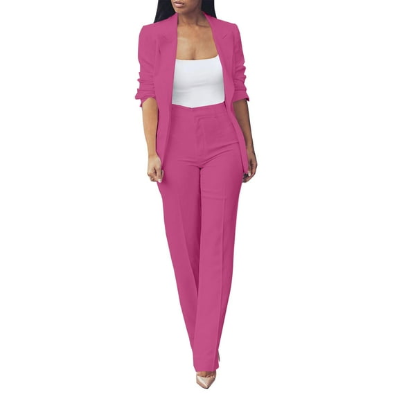 Breezora Women's Autumn Two Piece Suit Set Slim Fit Blazer and Trousers Office Work Professional Outfits for Ladies XL Size Hot Pink