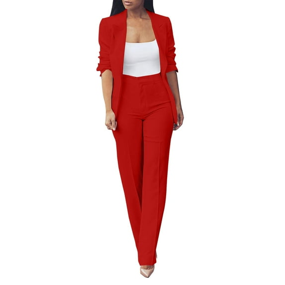 Breezora Women's Autumn Two Piece Suit Set Slim Fit Blazer and Trousers Office Work Professional Outfits for Ladies XL Size Red