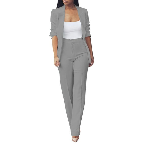 Breezora Women's Autumn Two Piece Suit Set Slim Fit Blazer and Trousers Office Work Professional Outfits for Ladies XXXXXL Size Grey