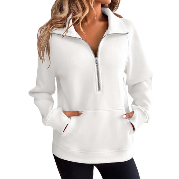Breezora Women's Autumn Winter Loose Crewneck Pullover Half Zip Pocket Sleeve Casual Sweatshirt For Daily Use M Size White
