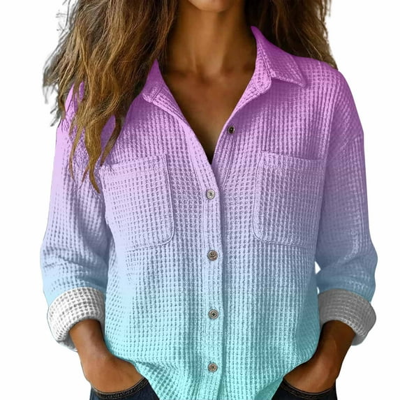 Breezora Women's Blouse Waffle Texture Button Down Long Sleeve Fall Shirt for Cozy Work and Camping Comfort M Size Pink