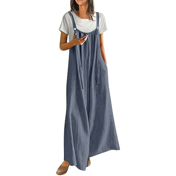 Breezora Women's Boho Floral Wide Leg Jumpsuit Casual Pleated Overalls with Pockets Summer Comfort Romper M Size Dark Gray